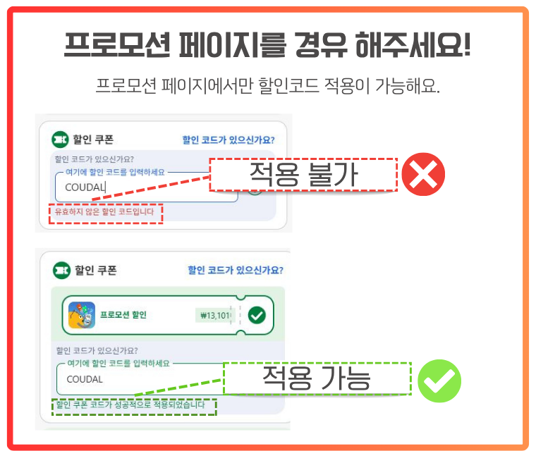 할인코드는 지정된 프로모션 페이지에서만 유효하며, 일반 예약 페이지에서는 적용되지 않음 아고다 할인코드는 프로모션 페이지에서만 적용된다는 내용을 안내하는 이미지. 동일한 할인코드를 입력해도 일반 페이지에서는 적용되지 않고, 프로모션 페이지에서만 정상적으로 적용된다는 점을 시각적으로 비교하여 설명함.