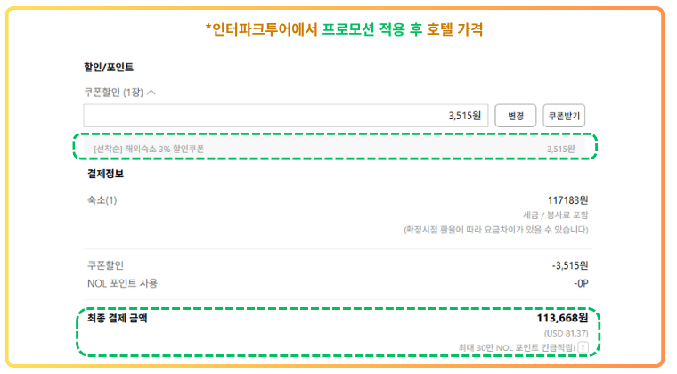 코스모스 호텔 타이베이 1박, 해외숙소 3% 할인쿠폰 적용 후 인터파크투어 결제 금액 113,668원 인터파크투어에서 해외숙소 3% 할인쿠폰 적용 후 코스모스 호텔 타이베이 1박 결제 금액 113,668원 화면