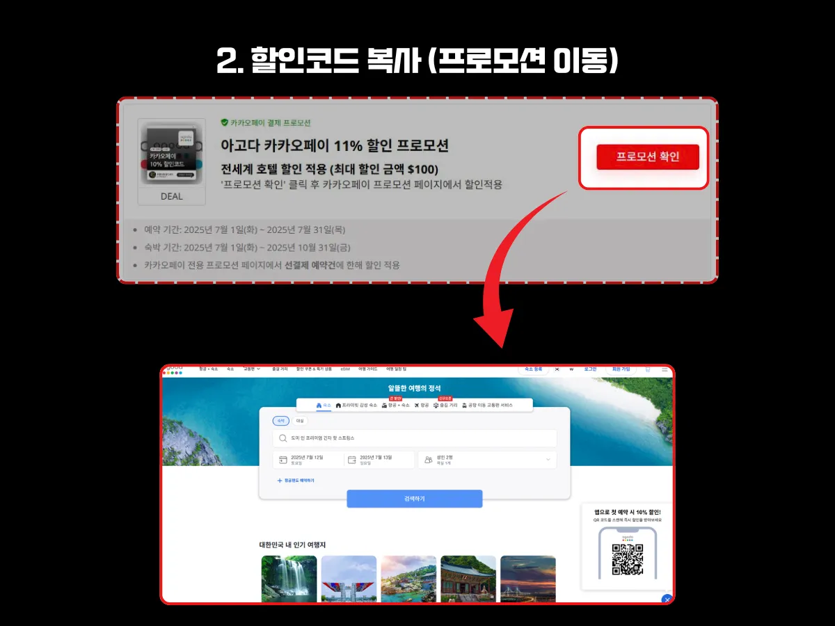 할인코드 옆 '할인코드 복사' 버튼을 클릭하면 할인코드가 복사 되며 동시에 프로모션 전용 예약 페이지로 이동하는 흐름을 안내하는 이미지.