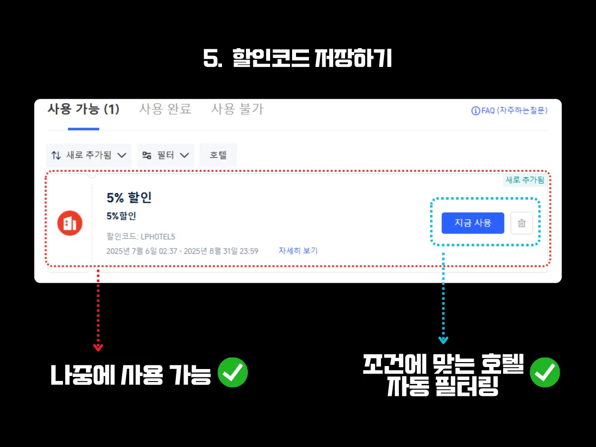 트립닷컴에서 할인코드를 사전에 저장해두고, 조건에 맞는 호텔에 나중에 사용할 수 있다는 점을 설명하는 안내 이미지. 저장된 할인코드는 '사용 가능' 탭에 표시되며, '지금 사용' 버튼을 통해 할인코드 조건에 맞는 호텔 검색으로 자동 필터링이 가능하다는 점이 시각적으로 강조되어 있음.