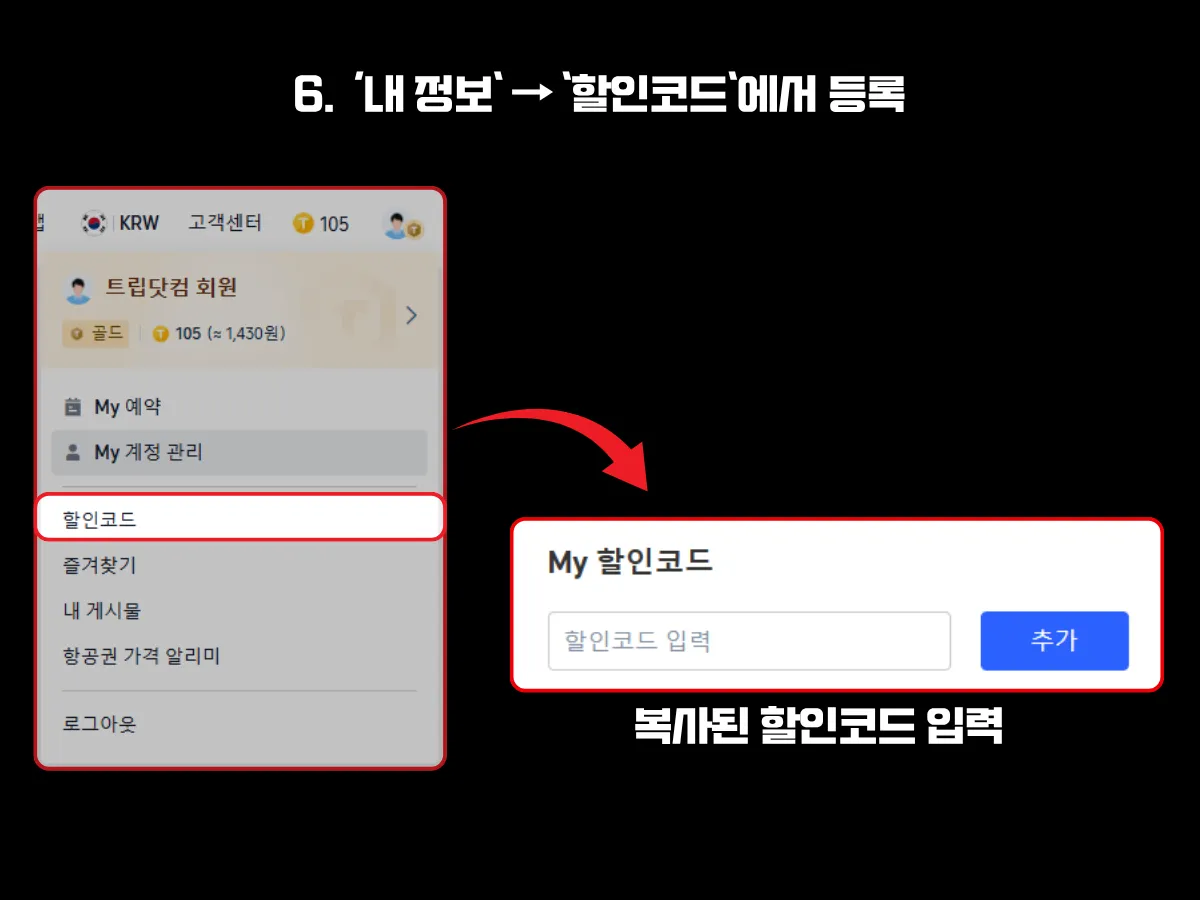 트립닷컴 메인 페이지 우측 상단의 '내 정보' 메뉴에서 '할인코드' 항목으로 이동하여 복사한 코드를 직접 입력하고 등록하는 과정을 안내하는 이미지. 왼쪽에는 사이드 메뉴에서 '할인코드' 항목을 선택하는 장면이, 오른쪽에는 'My 할인코드' 입력란에 코드 입력 후 '추가' 버튼을 클릭하는 모습이 빨간색 박스로 강조되어 있음. 하단에는 '복사된 할인코드 입력'이라는 설명 문구가 함께 표시됨.