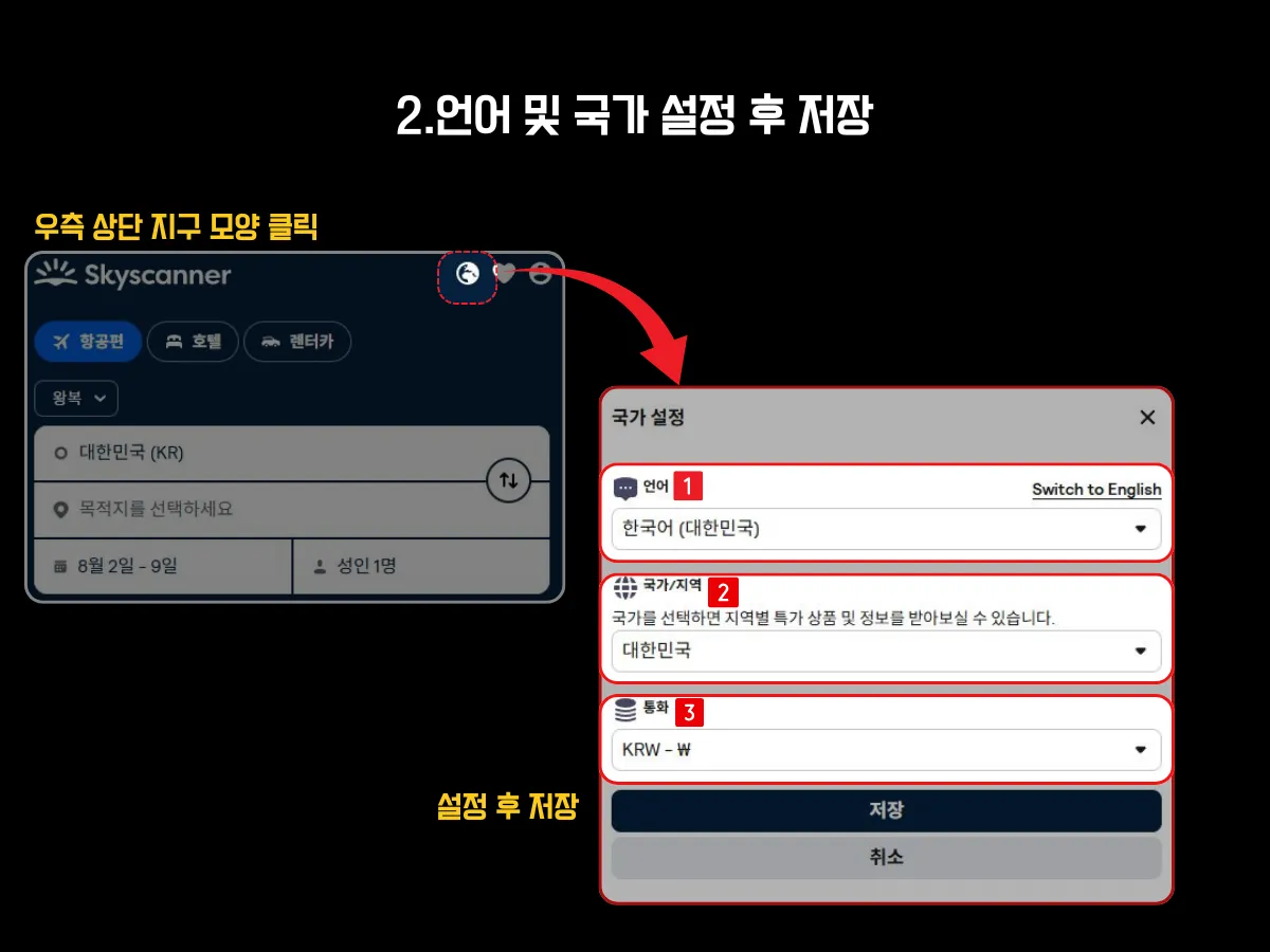 스카이스캐너 항공권 검색 화면 우측 상단의 지구 아이콘을 클릭하여 언어, 국가, 통화 설정을 변경하는 방법을 설명하는 이미지. 설정 창에서 언어는 한국어, 국가는 대한민국, 통화는 KRW(원화)로 지정한 후 저장 버튼을 누르는 과정을 단계별로 안내함.