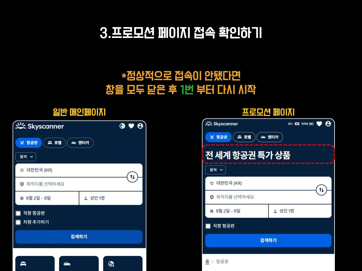 스카이스캐너 일반 메인페이지와 프로모션(특가 항공권) 전용 페이지의 차이를 비교하며 프로모션 페이지에 정상적으로 접속 됐는지를 확인하는 방법을 설명하는 이미지. 일반 페이지는 항공권 검색 인터페이스만 보이지만, 프로모션 페이지에서는 상단에 ‘전 세계 항공권 특가 상품’ 문구가 표시되어 정상 접속 여부를 구분할 수 있도록 구성됨.
