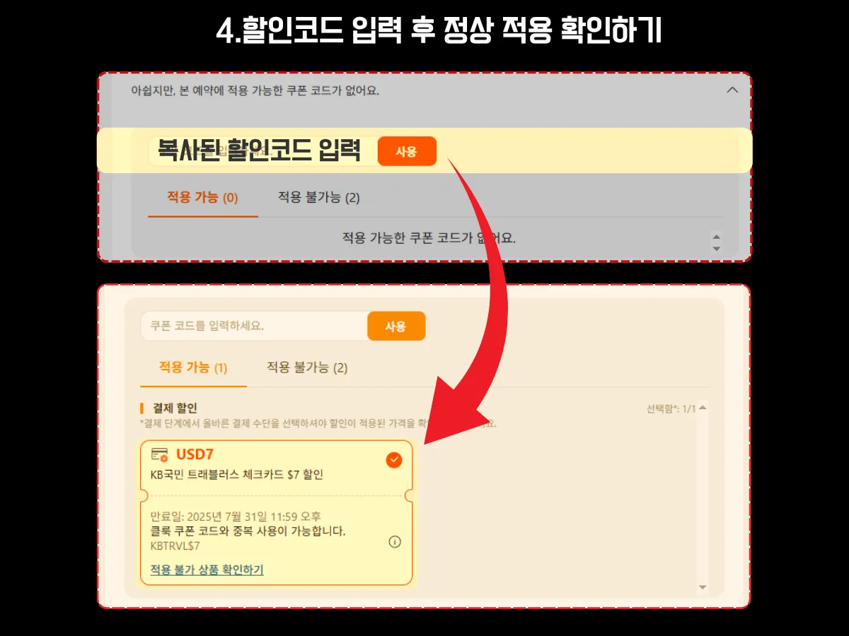클룩 예약 페이지에서 복사한 할인코드를 입력하고 ‘사용’ 버튼을 눌렀을 때, 해당 코드가 정상적으로 적용되어 쿠폰 상세 정보가 나타나는 과정을 안내하는 이미지. 상단에는 입력란과 ‘사용’ 버튼이 강조돼 있고, 하단에는 ‘USD7’ 할인코드가 적용된 쿠폰 정보(유효기간, 카드사, 중복 가능 여부 등)가 표시됨. “복사된 할인코드 입력 → 정상 적용 확인” 흐름을 화살표로 연결해 설명함.