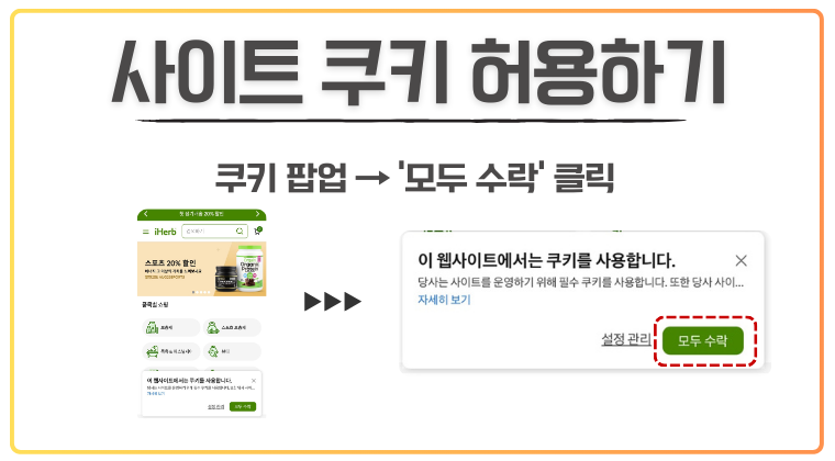 "아이허브(iHerb) 웹사이트에서 쿠키 허용 방법을 안내하는 이미지. 상단에는 ‘사이트 쿠키 허용하기’라는 제목과 함께, 왼쪽에는 아이허브 메인 화면이 표시되어 있고, 오른쪽에는 쿠키 팝업창 예시가 보인다. 팝업창에는 ‘이 웹사이트에서는 쿠키를 사용합니다’라는 안내 문구가 있으며, 하단에 ‘모두 수락’ 버튼이 초록색으로 강조되어 있다. 사용자가 사이트 이용 시 쿠키 팝업이 나타났을 때 ‘모두 수락’을 눌러야 정상적인 기능과 프로모션 혜택을 받을 수 있음을 설명하는 구조.