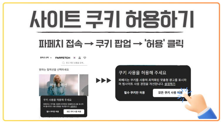 파페치(Farfetch) 웹사이트 쿠키 허용 팝업에서 모든 쿠키 사용 허용 클릭 안내 이미지 파페치(Farfetch) 웹사이트에서 쿠키 허용 방법을 안내하는 이미지. 상단에는 ‘사이트 쿠키 허용하기’라는 제목과 함께 ‘파페치 접속 → 쿠키 팝업 → 허용 클릭’이라는 설명 문구가 표시된다. 좌측 화면에는 파페치 접속 시 나타나는 쿠키 동의 팝업이 보이며, 하단에 ‘필수 쿠키만 허용’과 ‘모든 쿠키 사용 허용’ 버튼이 있다. 우측 화면에서는 손가락 아이콘으로 ‘모든 쿠키 사용 허용’ 버튼을 클릭하는 장면이 강조되어 있다. 파페치 사이트에서 원활한 쇼핑 및 프로모션 혜택 적용을 위해 쿠키를 허용해야 함을 시각적으로 설명하는 구조