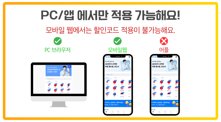 유심사 할인코드 적용 가능 기기 안내 이미지. PC 브라우저와 모바일 웹에서는 할인코드 적용 가능하지만, 모바일 앱에서는 할인코드 적용이 불가능함을 표시. 각 기기 화면 예시와 함께 PC 브라우저와 모바일 웹은 초록색 체크, 모바일 앱은 빨간색 X 아이콘으로 구분됨.