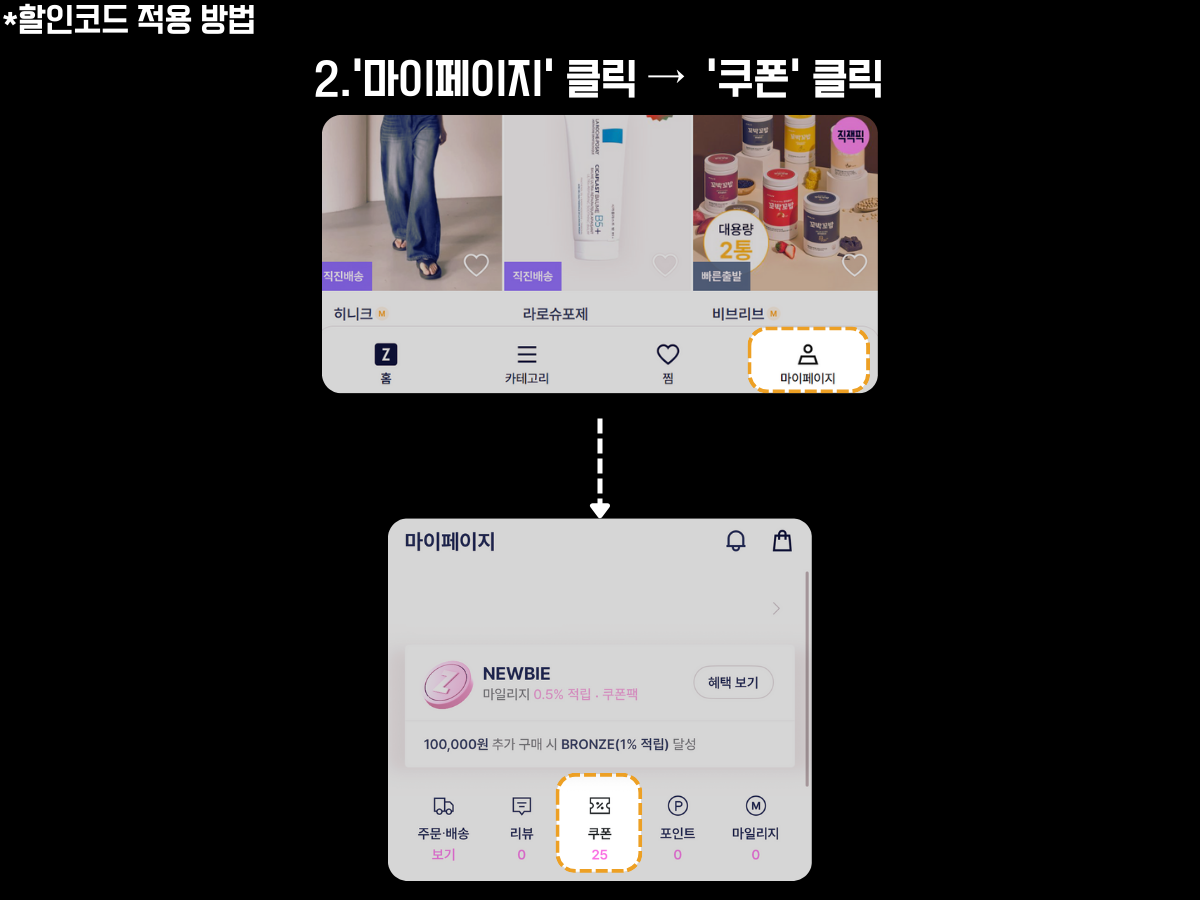 지그재그(ZIGZAG) 쇼핑앱 할인코드 적용 방법 두 번째 단계 안내 이미지. 화면 상단에는 ‘2. 마이페이지 클릭 → 쿠폰 클릭’이라는 설명 문구가 있으며, 상단 캡처 화면에서는 하단 네비게이션 메뉴 중 오른쪽에 있는 ‘마이페이지’ 버튼이 강조되어 있다. 하단 캡처 화면에서는 마이페이지 화면이 열려 있으며, NEWBIE 등급과 적립 혜택 정보가 표시되고, 하단 메뉴에서 ‘쿠폰 25’ 버튼이 강조되어 있다. 사용자가 마이페이지에서 쿠폰 메뉴를 선택하여 보유 쿠폰을 확인하는 과정을 시각적으로 설명한 구조.