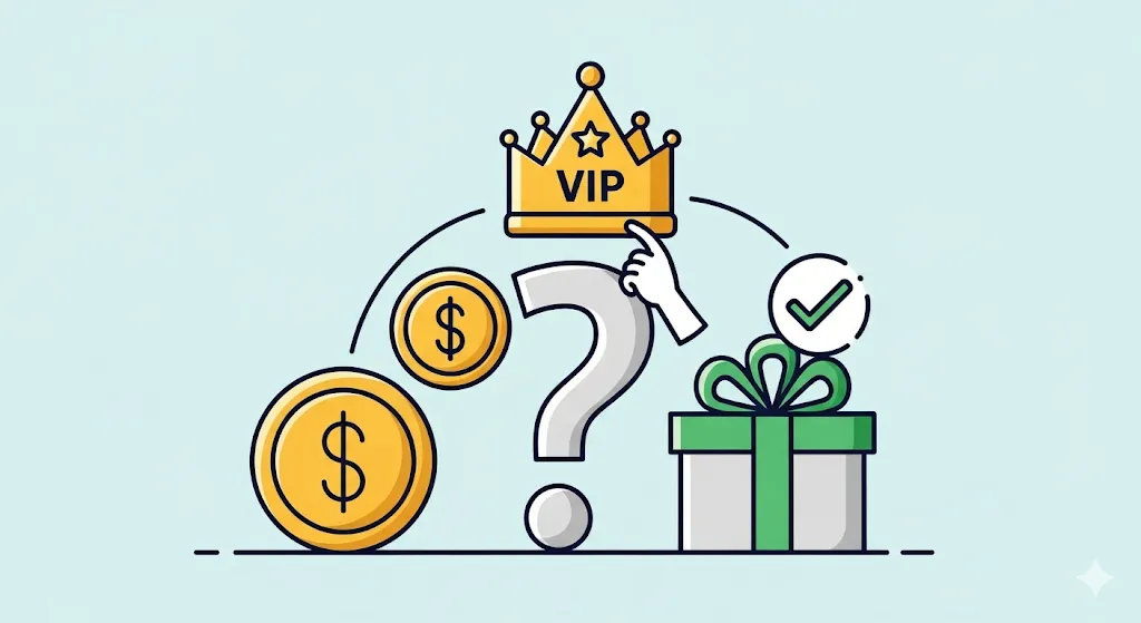 아고다 VIP 회원 등급이 유료인지 무료인지 묻는 질문을 상징하는 아이콘 기반 일러스트레이션. 돈을 상징하는 동전과 무료를 상징하는 선물 상자가 합쳐진 물음표가 중앙에 배치되어 있고, 그 위에 VIP를 의미하는 왕관이 놓여있습니다.