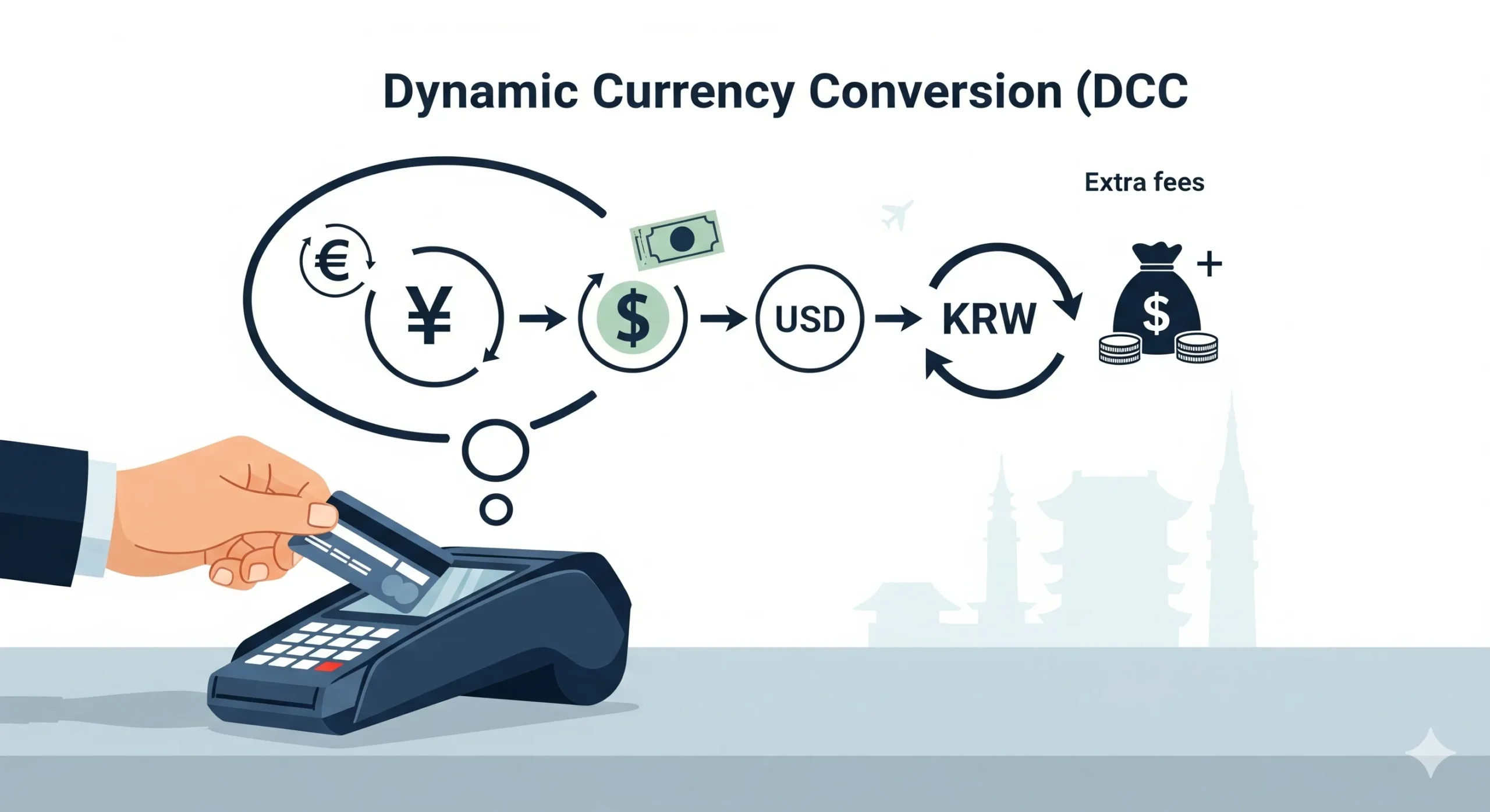 해외에서 원화(KRW)로 결제 시 DCC(Dynamic Currency Conversion) 때문에 현지통화(예: 유로, 엔화, 달러)를 달러(USD)로 한 번, 다시 원화(KRW)로 또 한 번 바꾸는 이중 환전이 발생하여 3~8%의 추가 수수료가 붙는 과정을 나타낸 그림