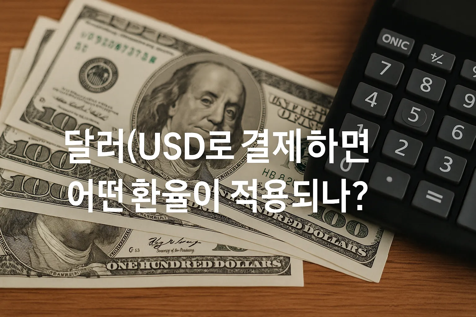 달러 지폐와 계산기가 나란히 놓여 있는 사진, 해외 결제 시 적용되는 환율을 상징적으로 표현한 장면

