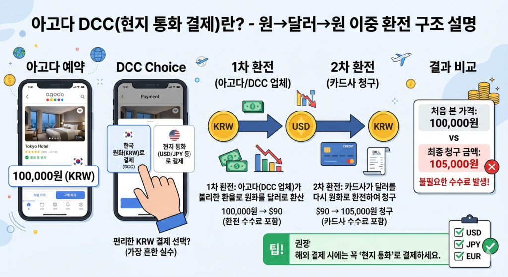 DCC(현지 통화 결제)를 시각적으로 설명하는 이미지. 예약 과정부터 현지 통화로 결제 과정을 표현하고 있다.